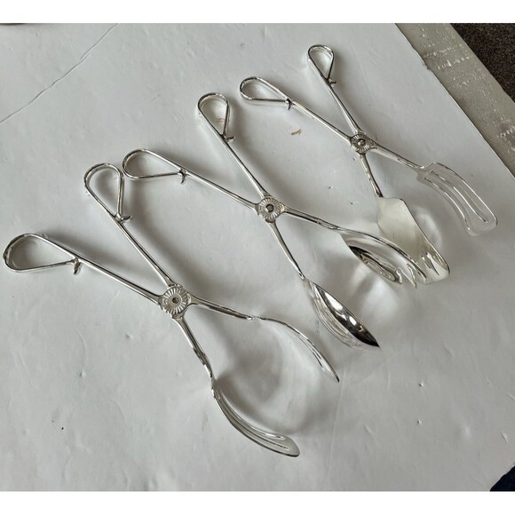 Elegance Silverplated Serving Tongs, set of three Cake Bread Salad 10" EP Zinc - Picture 3 of 16